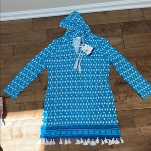 Blue Patterned Hooded Dress with Tassels